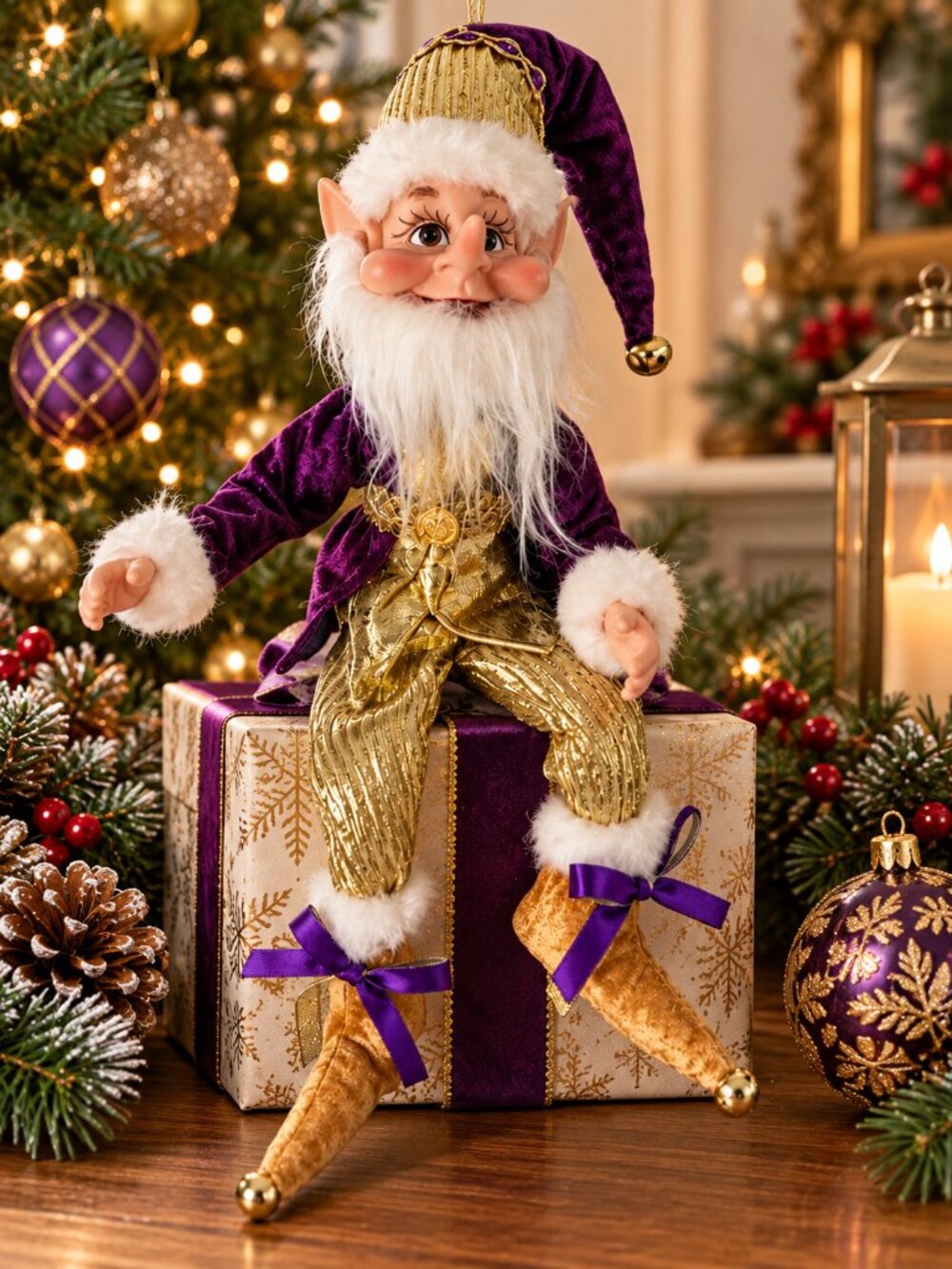 Christmas Sugar Plum Elf Pixie Doll Fur Trim Hanging Posable Bells Gold Purple